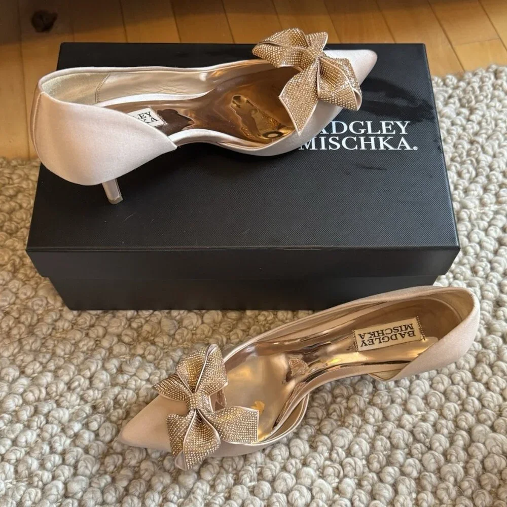 Badgley Mischka Meilani Blush Pink Satin Kitten Heel Crystal Bows